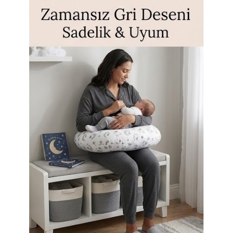 Ay Dede ve Yıldız Desenli, Fermuarlı Çıkarılabilir Kılıflı Lüx Emzirme ve Destek Minderi Gri