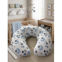 Ay Dede ve Yıldız Desenli, Fermuarlı Çıkarılabilir Kılıflı Lüx Emzirme ve Destek Minderi Mavi