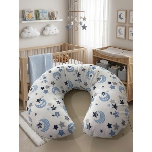 Ay Dede ve Yıldız Desenli, Fermuarlı Çıkarılabilir Kılıflı Lüx Emzirme ve Destek Minderi Mavi