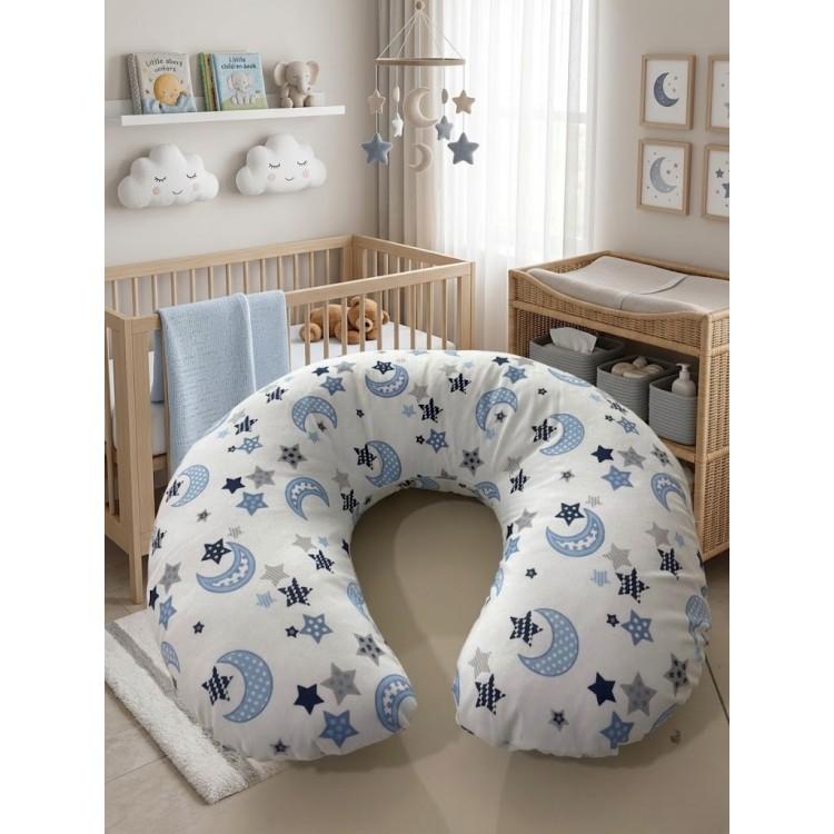 Ay Dede ve Yıldız Desenli, Fermuarlı Çıkarılabilir Kılıflı Lüx Emzirme ve Destek Minderi Mavi