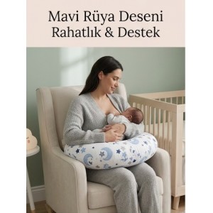 Ay Dede ve Yıldız Desenli, Fermuarlı Çıkarılabilir Kılıflı Lüx Emzirme ve Destek Minderi Mavi