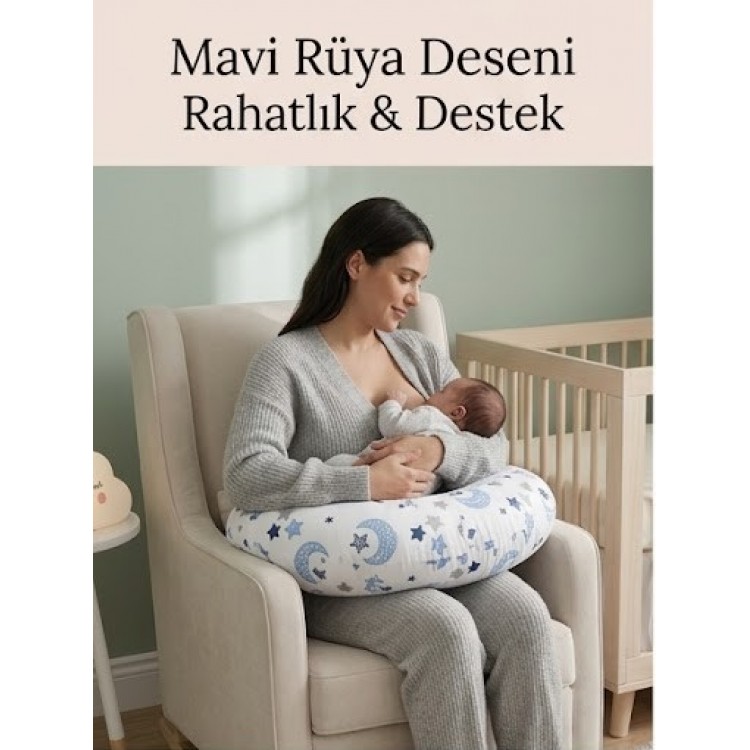 Ay Dede ve Yıldız Desenli, Fermuarlı Çıkarılabilir Kılıflı Lüx Emzirme ve Destek Minderi Mavi