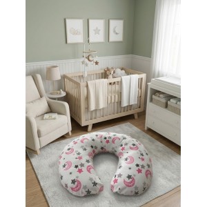 Ay Dede ve Yıldız Desenli, Fermuarlı Çıkarılabilir Kılıflı Lüx Emzirme ve Destek Minderi Pembe