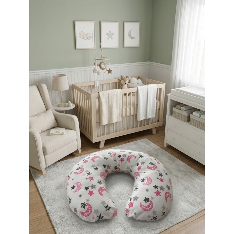 Ay Dede ve Yıldız Desenli, Fermuarlı Çıkarılabilir Kılıflı Lüx Emzirme ve Destek Minderi Pembe