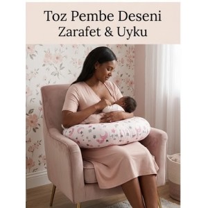 Ay Dede ve Yıldız Desenli, Fermuarlı Çıkarılabilir Kılıflı Lüx Emzirme ve Destek Minderi Pembe