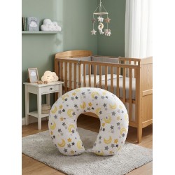 Ay Dede ve Yıldız Desenli, Fermuarlı Çıkarılabilir Kılıflı Lüx Emzirme ve Destek Minderi Sarı