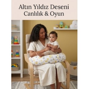 Ay Dede ve Yıldız Desenli, Fermuarlı Çıkarılabilir Kılıflı Lüx Emzirme ve Destek Minderi Sarı