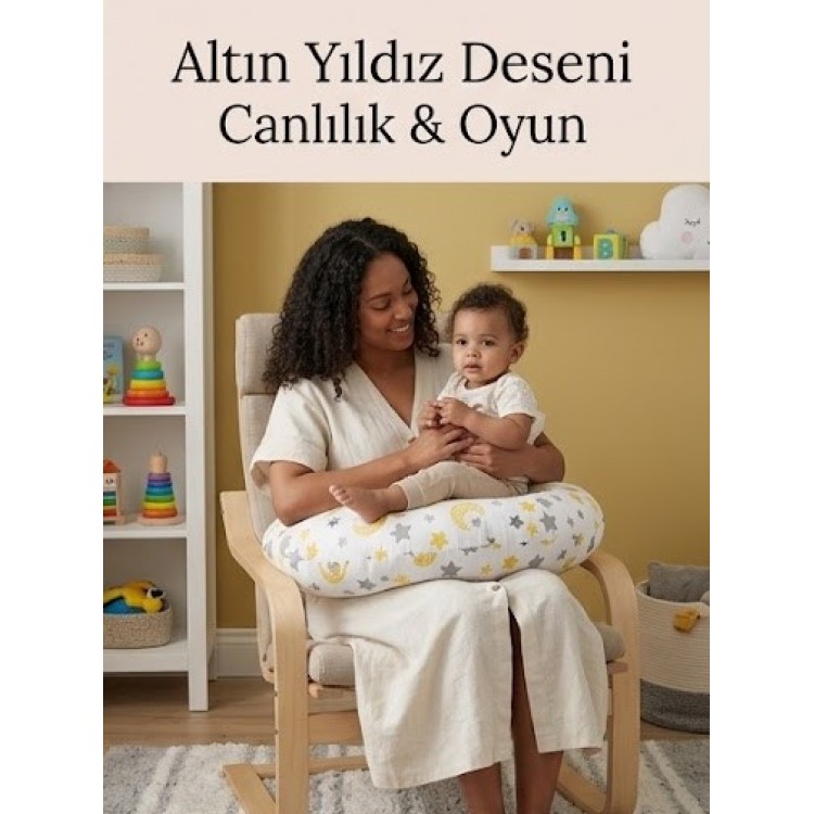 Ay Dede ve Yıldız Desenli, Fermuarlı Çıkarılabilir Kılıflı Lüx Emzirme ve Destek Minderi Sarı