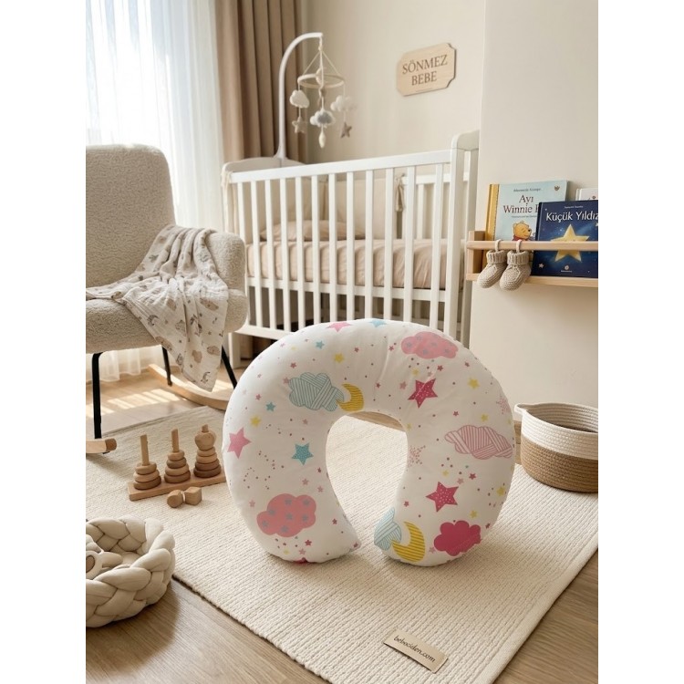 Bulut  Desenli, Fermuarlı Çıkarılabilir Kılıflı Lüx Emzirme ve Destek Minderi Pembe