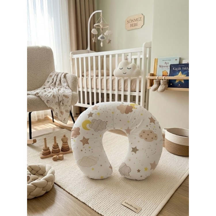 Bulut  Desenli, Fermuarlı Çıkarılabilir Kılıflı Lüx Emzirme ve Destek Minderi Kahve