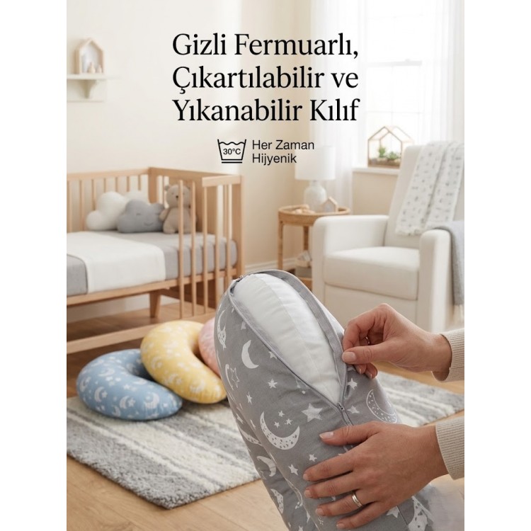 Bulut  Desenli, Fermuarlı Çıkarılabilir Kılıflı Lüx Emzirme ve Destek Minderi Kahve
