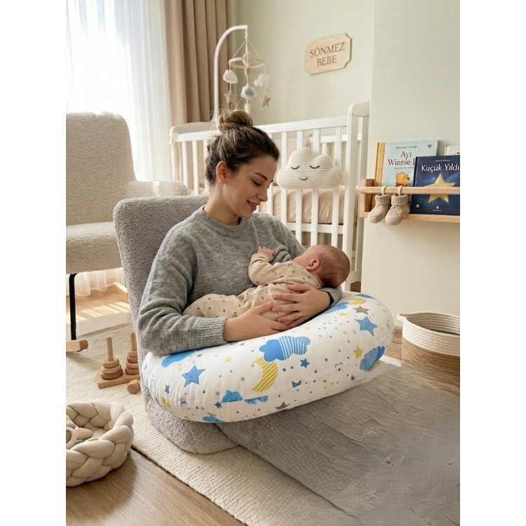 Bulut  Desenli, Fermuarlı Çıkarılabilir Kılıflı Lüx Emzirme ve Destek Minderi mavi