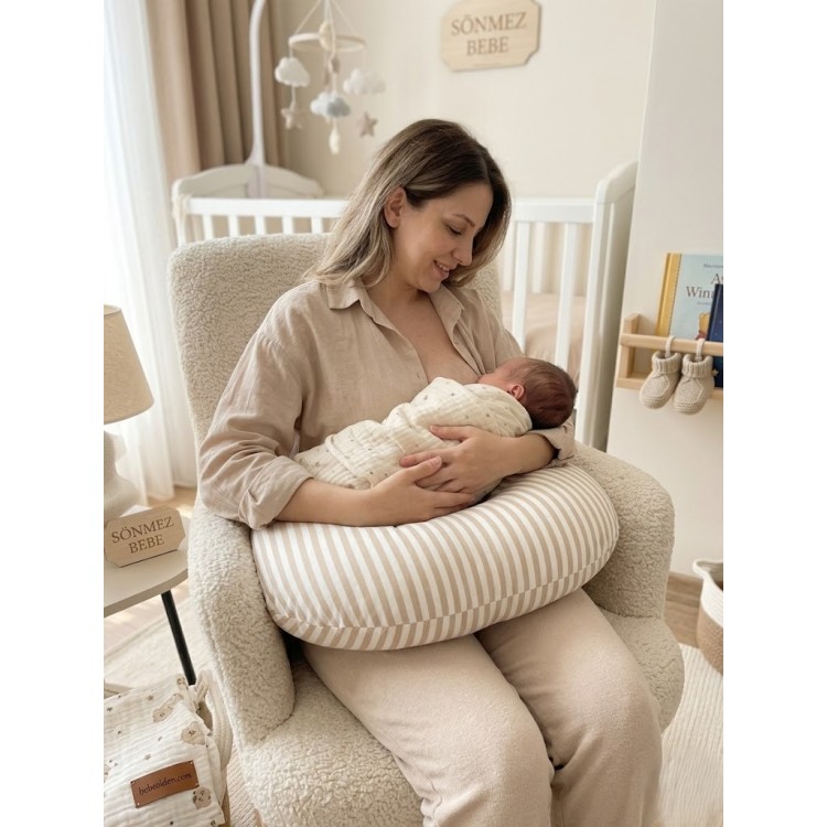 Çizgili  Desenli, Fermuarlı Çıkarılabilir Kılıflı Lüx Emzirme ve Destek Minderi Kahve 