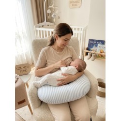 Çizgili  Desenli, Fermuarlı Çıkarılabilir Kılıflı Lüx Emzirme ve Destek Minderi Mavi