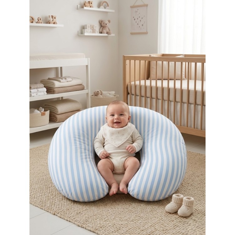 Çizgili  Desenli, Fermuarlı Çıkarılabilir Kılıflı Lüx Emzirme ve Destek Minderi Mavi