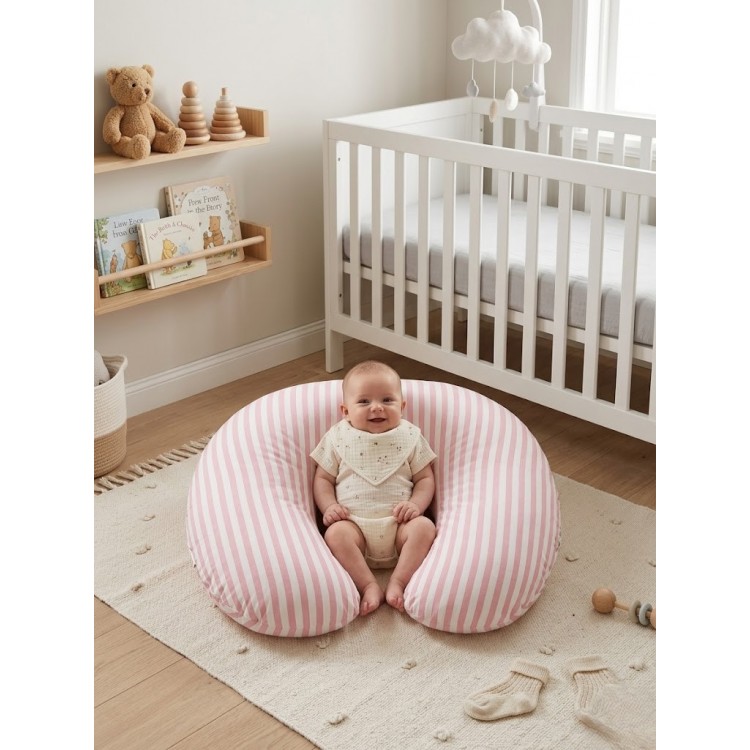 Çizgili  Desenli, Fermuarlı Çıkarılabilir Kılıflı Lüx Emzirme ve Destek Minderi Pembe