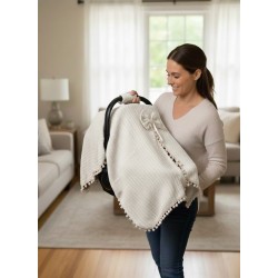 Örgülü Keten Puset Örtüsü - Bej Renk Ponponlu Bebek Taşıma Örtüsü