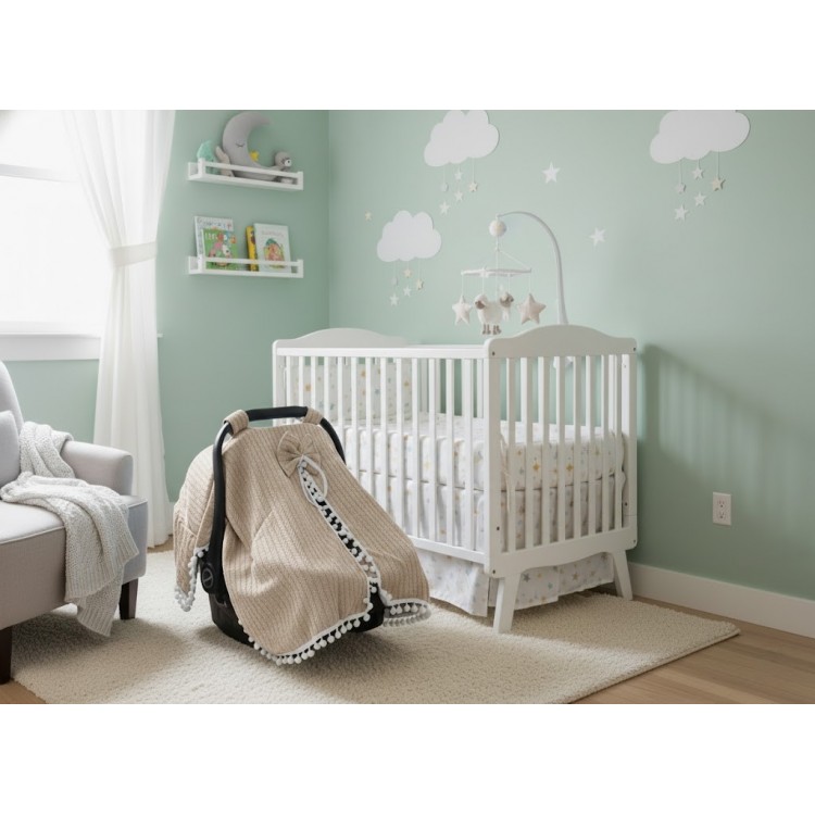 Örgülü Keten Puset Örtüsü - Bej Renk Ponponlu Bebek Taşıma Örtüsü