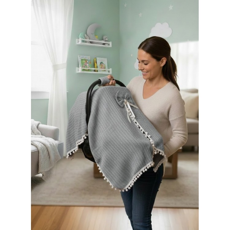 Örgülü Keten Puset Örtüsü - Gri Renk Ponponlu Bebek Taşıma Örtüsü