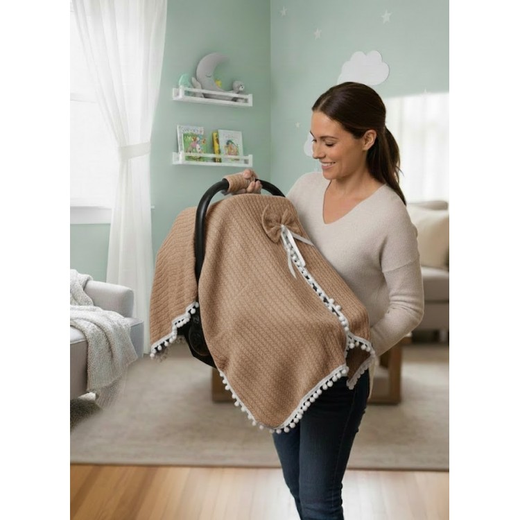 Örgülü Keten Puset Örtüsü - Kahve Renk Ponponlu Bebek Taşıma Örtüsü Örgülü Keten Puset Örtüsü - Kahve Renk Ponponlu Bebek Taşıma Örtüsü