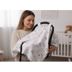 Örgülü Keten Puset Örtüsü - Bej Renk Ponponlu Müslin Bebek Taşıma Örtüsü