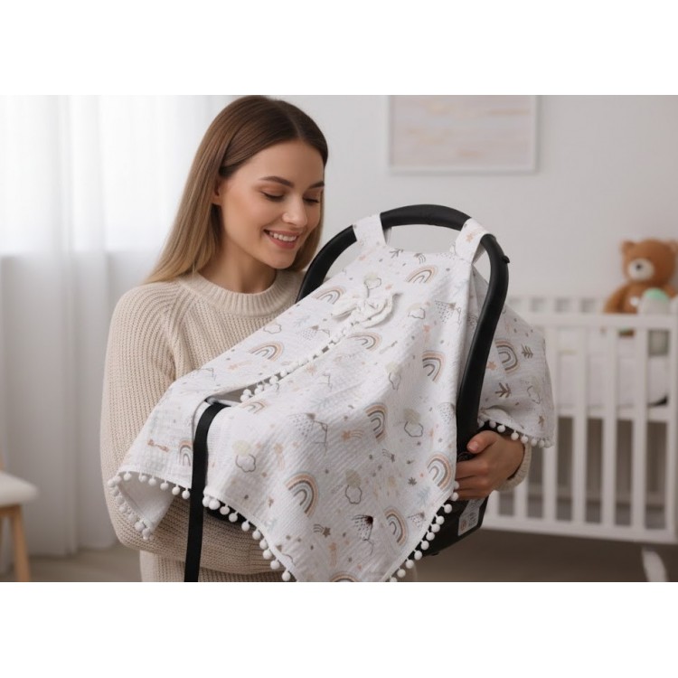 Örgülü Keten Puset Örtüsü - Bej Renk Ponponlu Müslin Bebek Taşıma Örtüsü