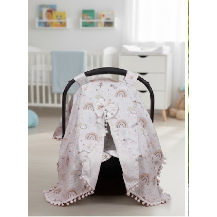 Örgülü Keten Puset Örtüsü - Bej Renk Ponponlu Müslin Bebek Taşıma Örtüsü