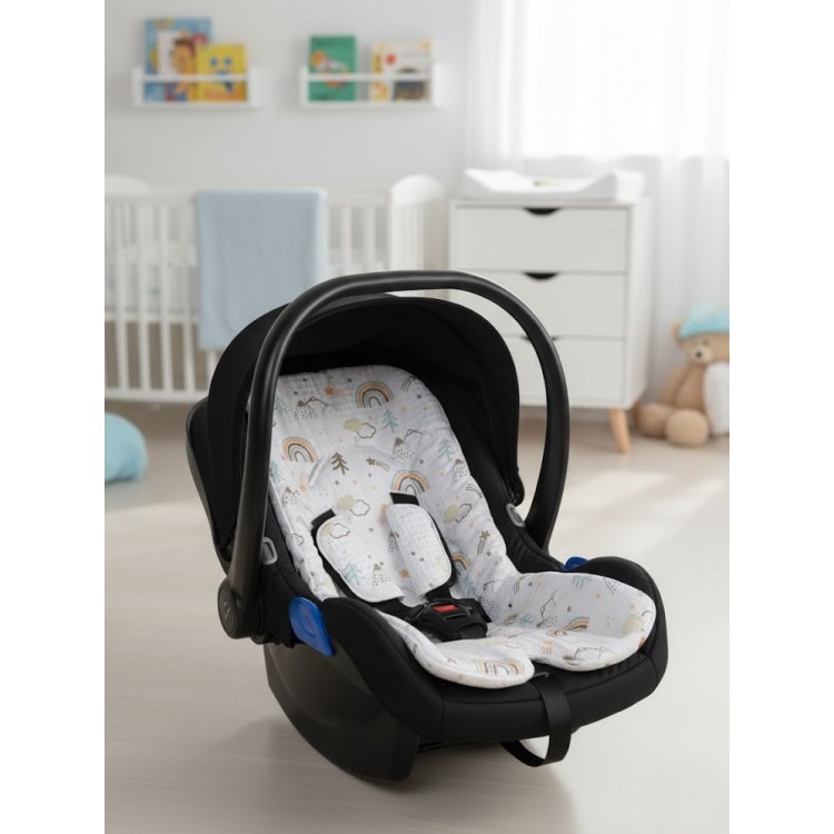 Örgülü Keten Puset Örtüsü - Bej Renk Ponponlu Müslin Bebek Taşıma Örtüsü