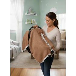 Örgülü Keten Puset Örtüsü - Kiremit  Renk Ponponlu Bebek Taşıma Örtüsü