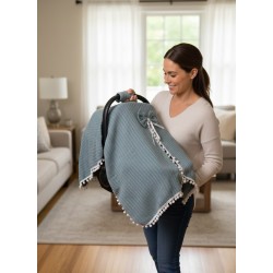 Örgülü Keten Puset Örtüsü - Yeşil Renk Ponponlu Bebek Taşıma Örtüsü