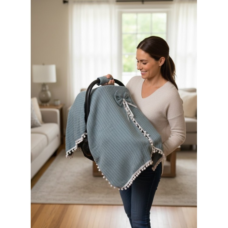 Örgülü Keten Puset Örtüsü - Yeşil Renk Ponponlu Bebek Taşıma Örtüsü