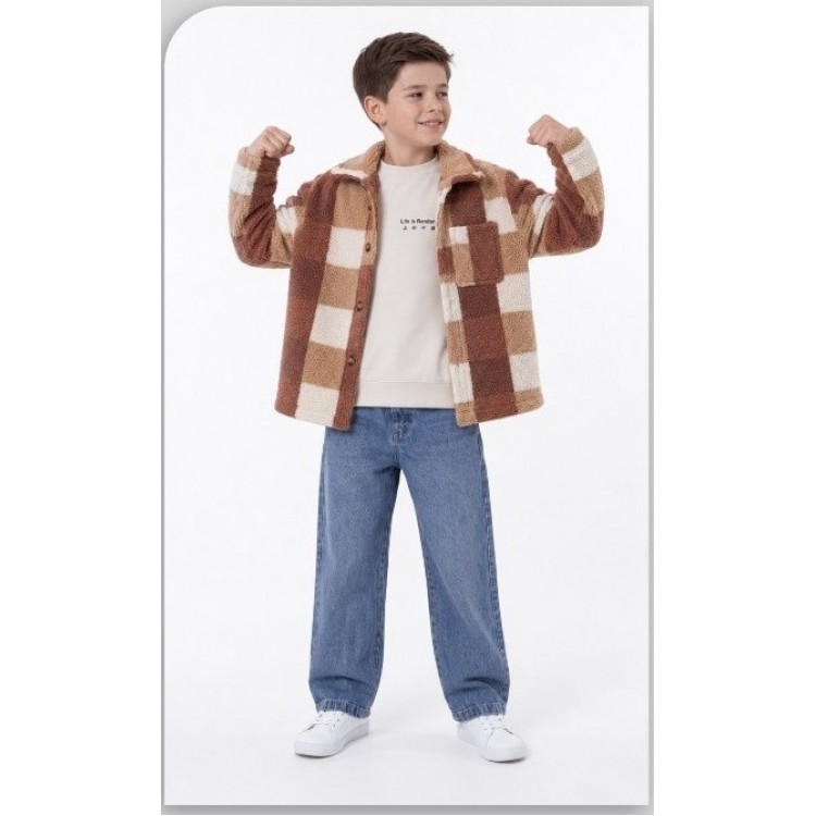 Erkek Çocuk Ekose Peluş Polar Hırka & Ceket Bebeciden Kahve