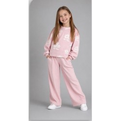 Kız Çocuk Çiçek Desenli Fitilli İkili Takım ( Açık Pembe) 