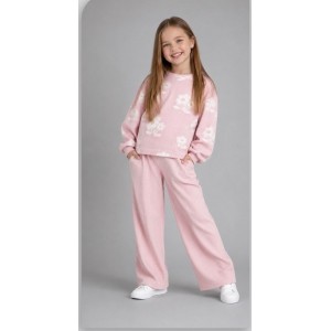 Kız Çocuk Çiçek Desenli Fitilli İkili Takım ( Açık Pembe) 
