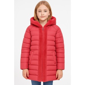 bebeciden Kız Çocuk Şişme Kaban Suni Kürk Detaylı Kapşonlu Cepli Fermuarlı Nar Çiçeği