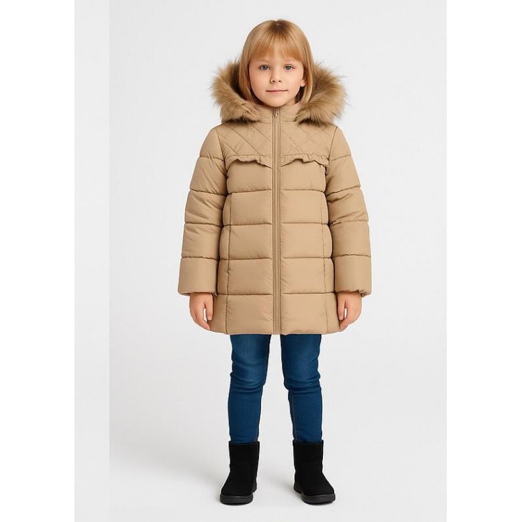 Kız Çocuk Şişme Kaban Suni Kürk Detaylı Kapşonlu Cepli Fermuarlı Bebeciden Bej