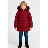 Kız Çocuk Şişme Kaban Suni Kürk Detaylı Kapşonlu Cepli Fermuarlı Bebeciden Bordo