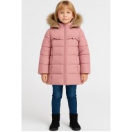 Kız Çocuk Şişme Kaban Suni Kürk Detaylı Kapşonlu Cepli Fermuarlı Bebeciden Pembe