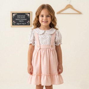 Kız Çocuk Çiçek Desenli Gömlekli Somon Jile Elbise Takımı