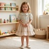 Kız Çocuk Çiçek Desenli Gömlekli Bej Jile Elbise Takımı