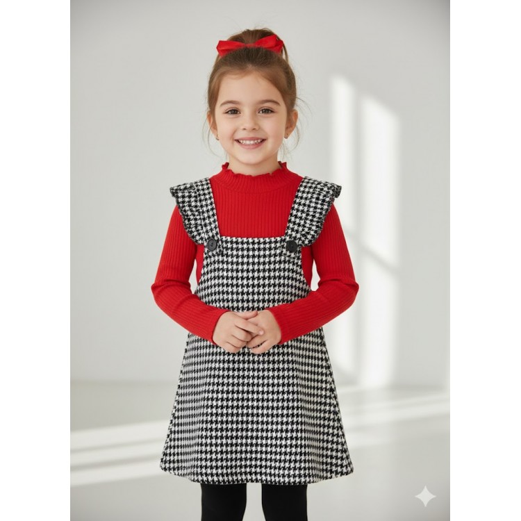 Kız Çocuk Kırmızı Triko Badili Ekose Desenli Jile Takımı (3-6 Yaş) Bebeciden