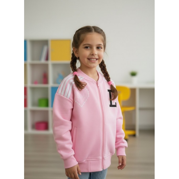 Kız Çocuk Pembe Kolej Hırkası - Nakış Detaylı ve Sportif Şıklık