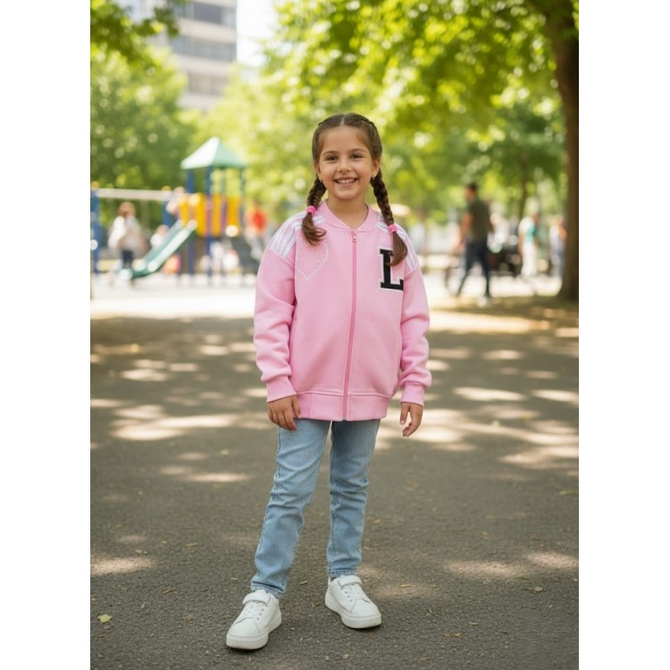 Kız Çocuk Pembe Kolej Hırkası - Nakış Detaylı ve Sportif Şıklık